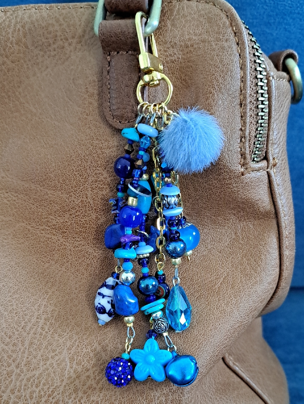 PURSE CHARM Trendy Handcrafted Beaded Blues/Gold, Beachy, Accessory, 5"